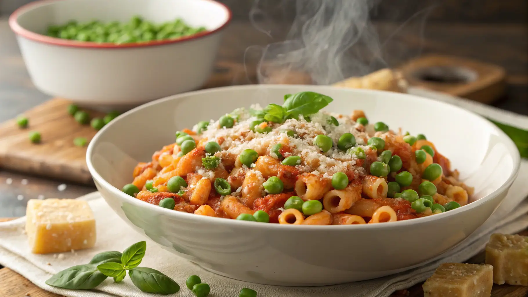 Cozy bowl of pasta and peas recipe with steam rising