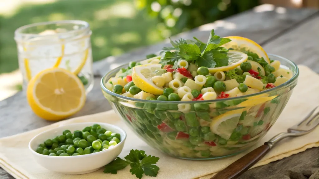 Cold pasta salad made with peas and lemon