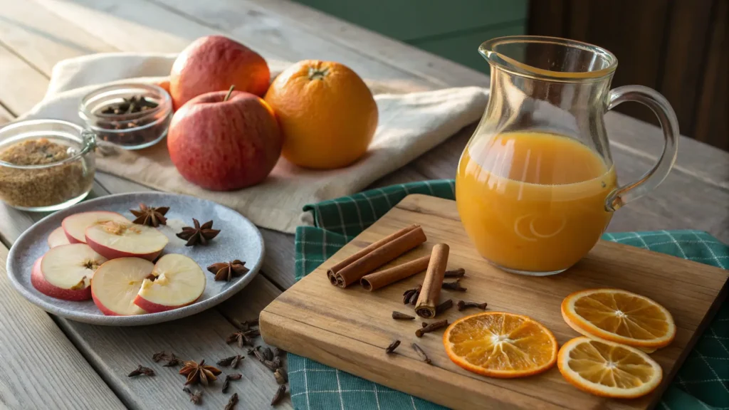 ingredients for a wassail recipe with apple cider and spices