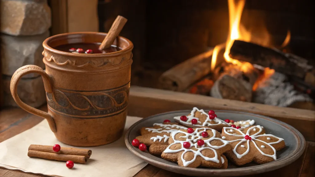 wassail recipe served with gingerbread near the fire